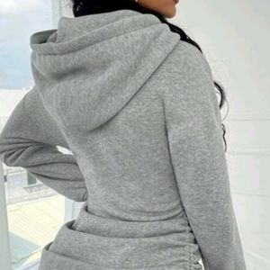 Ruched drawstring side drop shoulder hoodie dress